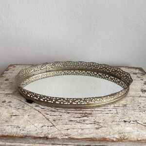 Vintage Gold Filigree Mirrored Vanity Tray Oval Hollywood Regency Perfume Caddy